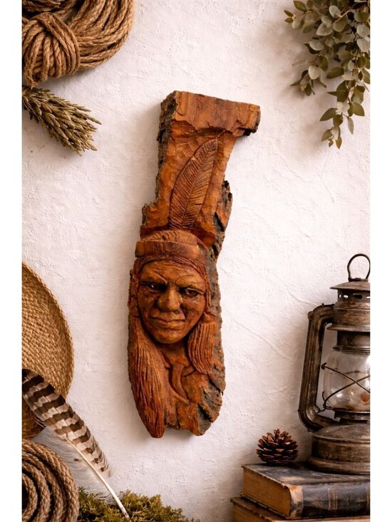 Unknown Other - Hand Carved Wood Wall Plaque Figural Face Tribal Folk Art Bark Edge Signed 14"